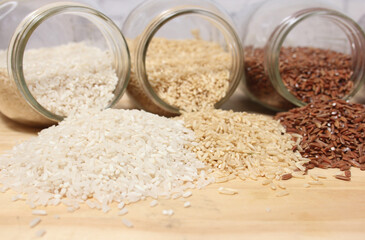 Different Rice Varieties in Rustic Kitchen.