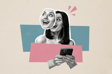 Composite photo collage of happy girl hold iphone face mask bipolar syndrome psyche problem naked...