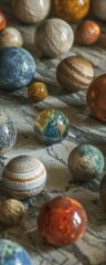 Various balls crafted to resemble different planets in our solar system are arranged on a table, each one showing unique colors, textures, and features