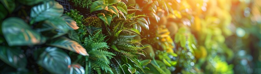 Vertical gardens, lush foliage, city oasis, transforming concrete jungles, promoting biodiversity, fostering wellness Realistic Golden Hour Depth of Field - obrazy, fototapety, plakaty
