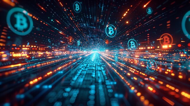 Visualize a digital world where cryptocurrency symbols morph into futuristic vehicles, speeding towards a horizon filled with endless possibilities Incorporate elements of technology 