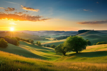 Naklejka premium Landscape photography showcasing rolling hills a golden sunset