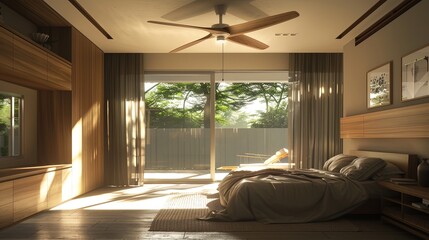 A modern ceiling fan with integrated LED lights, adding both illumination and ventilation to a room, combining functionality and style for enhanced comfort and ambiance.