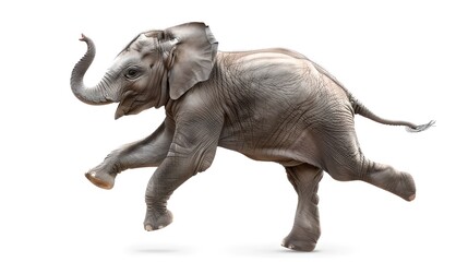 Obraz premium Playful Young Elephant in Mid-Stride, Isolated on White Background. Perfect for Educational and Creative Projects. AI