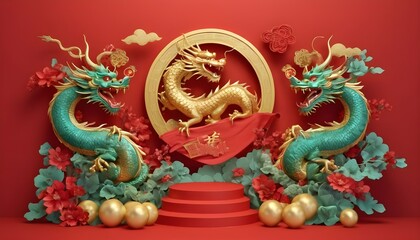 Dragon 3D Chinese 2024 Year Gold New Lunar Cny Pod Upscaled 4
