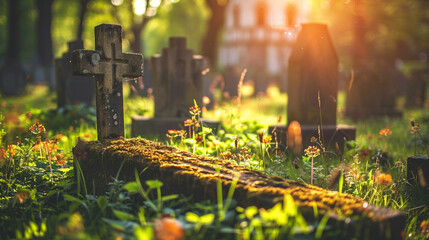 a grave with a cross on the grass
