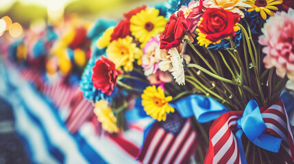 A row of flowers with American flags in the background