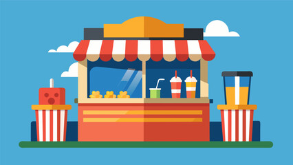 Snack Bar A makeshift snack bar offers classic movie concessions such as popcorn candy and drinks adding to the outdoor cinema experience.. Vector illustration