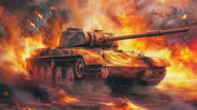Digital Painting of a Panther tank in a World War II blitzkrieg scene, rendered in highdefinition Impressionistic style, focusing on dynamic battle action and vivid explosions
