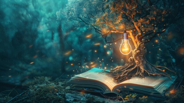 A tree of knowledge with an open book at its base and a glowing light bulb hanging from its branches.
