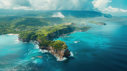 coast of a island seen from above in perspective with cloud and beach, cliff or sea waves breaking on the rocks, the water of the sea has a clear blue, with empty copy space