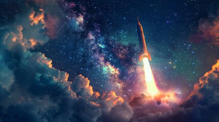 Neon art of a model rocket launch, captured at the moment of liftoff, with dynamic movement and high contrast lighting against a dark, starfilled sky, emphasizing the dramatic and vibrant theme of spa