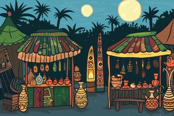 Cartoon cute doodles of a safari-themed night market, with stalls selling handmade crafts, traditional African cuisine, and souvenirs, Generative AI