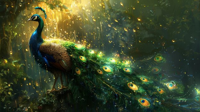 The peacock's feathers are a vibrant mix of blues, greens, and golds with the sun shines through the trees