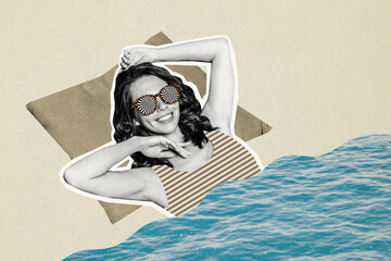Composite photo collage of positive pretty girl wear sunglass sunbathing sea vacation pillow dream...