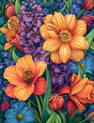 Fototapeta na wymiar Vibrant floral painting showcasing a variety of colorful flowers