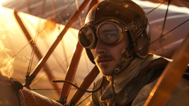 Realism of a pilot wearing goggles in the cockpit of a Nieuport, focusing on detailed textures of the leather and canvas wings, illuminated by a golden hour light