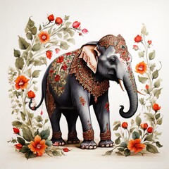 Obraz premium Pattern Mughal peacock elephant painting on a white background, Hindu elephant AI Generated
