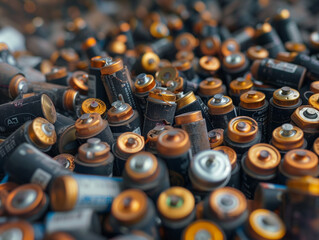 Pile of discarded batteries, close-up view.