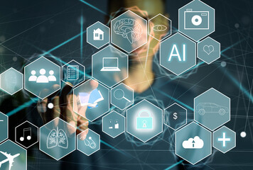 Manager Technical Industrial Engineer working and control robotics with monitoring system software and icon industry network connection on tablet. AI, Artificial Intelligence.