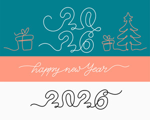 2026 one continuous line banner template. New Year symbol. Minimal banner with editable stroke. Set of 2026 continuous one line. Vector illustration isolated on white background.