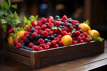 Fresh berries in wooden box on wooden table, closeup. Healthy food