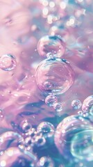 Air bubbles drift in a soft pastel liquid, crafting an ethereal and delicate background tableau - obrazy, fototapety, plakaty