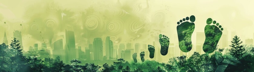 Surreal green cityscape with giant footprints merging urban skyline and forest elements