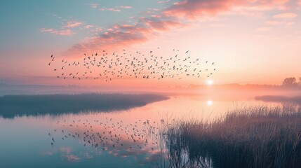 Natures rhythm unfolds as a flock of birds glides over a calm wetland at the break of dawn - obrazy, fototapety, plakaty
