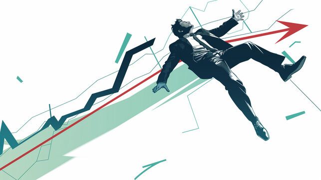 A man in a suit falling off a graph line, with an arrow pointing down on a white background, depicting a stock market crash as a concept illustration