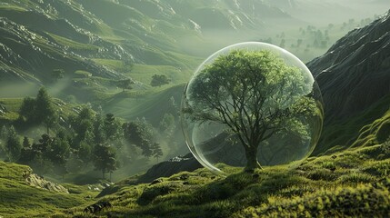 The landscape sprawls in shades of green, with one tree dramatically enclosed in a large bubble, a focal point of natures artistry