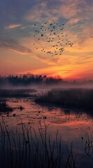 The serene wetland awakens at dawn, hosting a flock of birds in nature s rhythmic ballet