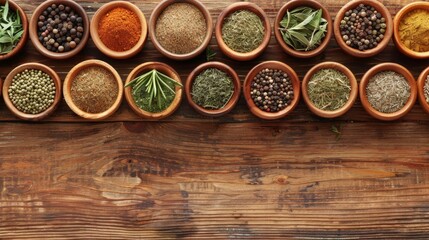Aromatic herbs and spices neatly organized in small bowls on a wooden surface, with plenty of space for writing