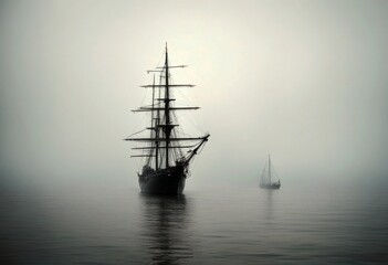 Fototapeta premium 'frigate vintage fog sailing bank ship wooden tall sail ocean sea transportation navigation merchant trade pirate nautical maritime historic vessel wind sailboat regatta'