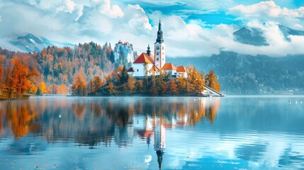 Church in the middle of a lake with blue sky and clouds, mountain in the background, Lake Bled, Slovenia - obrazy, fototapety, plakaty