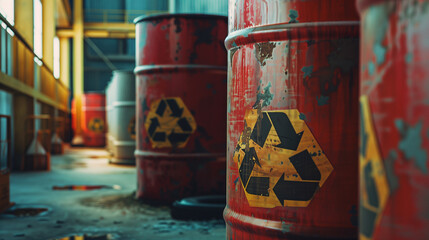 Radioactive waste barrels with hazard symbols in secure industrial facility. Concept Industrial Waste Management, Hazardous Materials, Safety Protocols