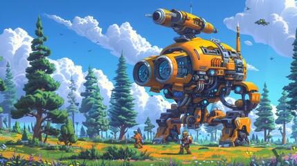 A yellow mech stands in a lush green field, surrounded by tall pine trees. The mech has a large cannon on its back and is surrounded by a group of small robots.