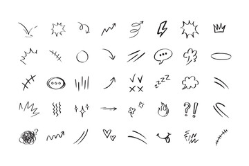 Doodle hand drawn cute cartoon expression sign. Line curve arrows, emoticon elements, symbols