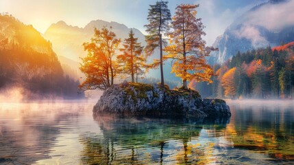 Sunrise in a lake during autumn, trees on a rock island, National park Berchtesgadener Land, Germany, Alps