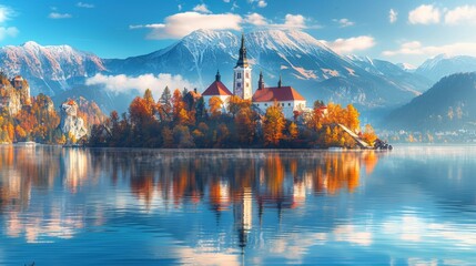 Panoramic view of a lake with a church in the middle, reflections on the water, autumn