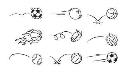  Doodle sport ball trajectory bounce collection. Line hand drawn balls set - obrazy, fototapety, plakaty