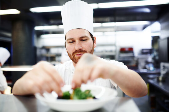 Salad, chef or hands of man in kitchen for lunch, fine dining or dinner presentation in restaurant. Business, cafe or male expert for catering, serving or recipe for culinary cuisine, dish or food