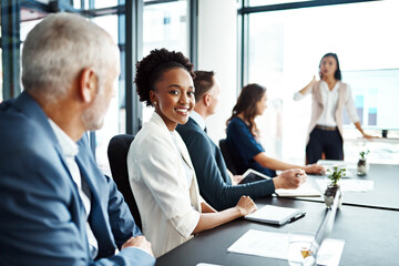 Business meeting, diversity and team in boardroom for presentation, collaboration and corporate data with portrait. Group of people, graphs and analytics with financial analyst in office for briefing