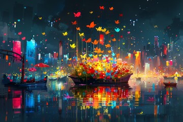 A beautiful digital painting of a city at night. The city is full of bright lights and colorful flowers. There are boats on the river and butterflies flying through the air. The painting is very peace