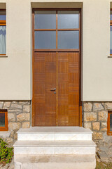 Double Wooden Door With Big Transom Window Home Entrance White Marble Stairs - obrazy, fototapety, plakaty