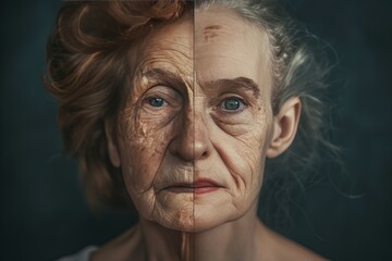 Aging split representation in skincare contrasts modern comparisons and facial contouring, integrating age split visual narratives.