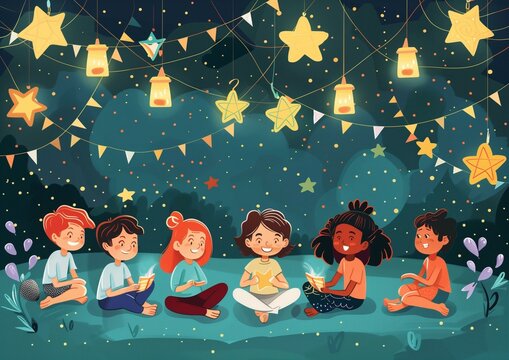 Enchanted Storytime with Children under Starry Night Sky and Lanterns Illustration