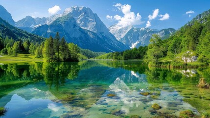 Fototapeta na wymiar Beautiful Jasna lake with reflections of the mountains on the lake. Triglav National Park, Slovenia