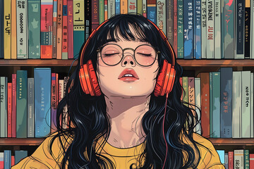 A girl with long black hair and glasses wearing headphones, listening to music in front of bookshelves, detailed facial features, vintage manga style,