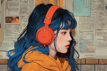 A cute girl with blue hair and bangs, listening to music on headphones in the style of anime-inspired character designs